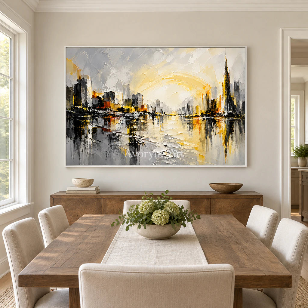 Luminous District: Yellow City Abstract Wall Art — dining white