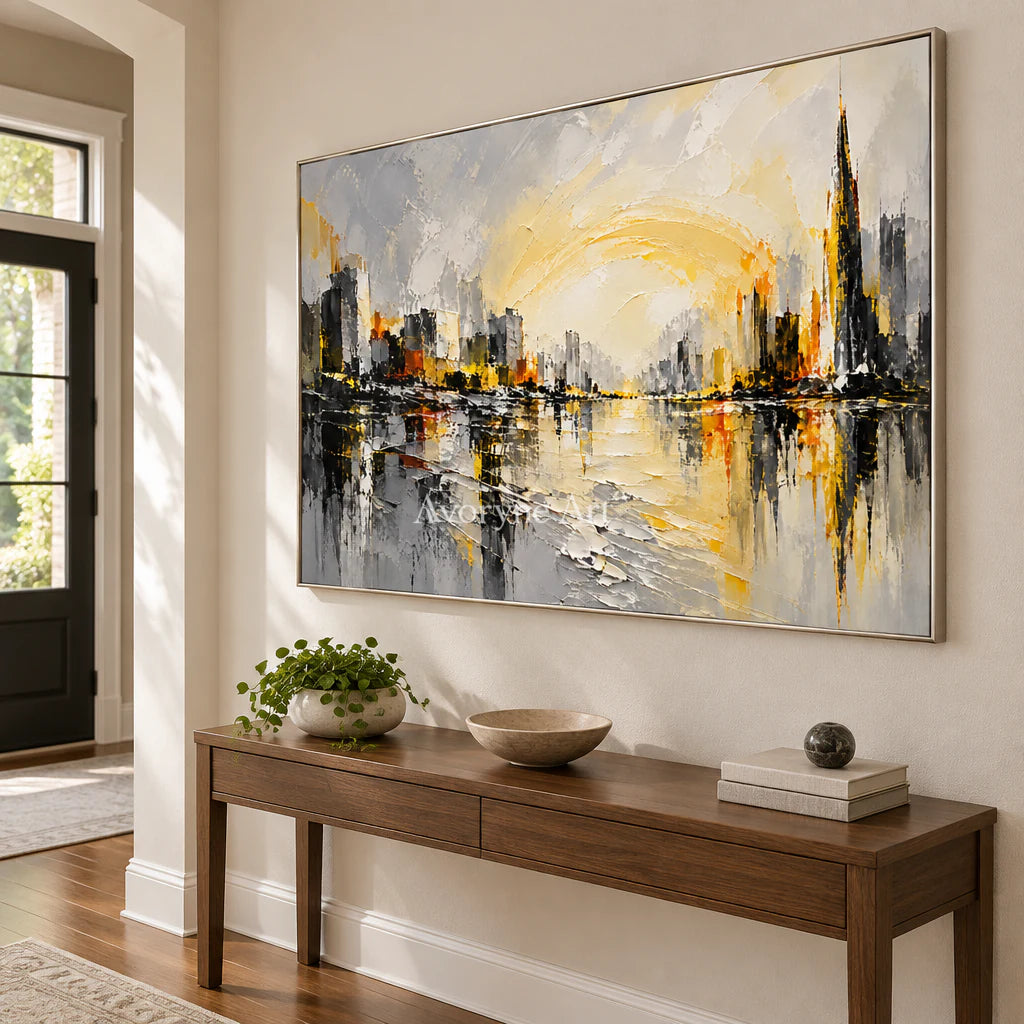 Luminous District: Yellow City Abstract Wall Art — entry silver