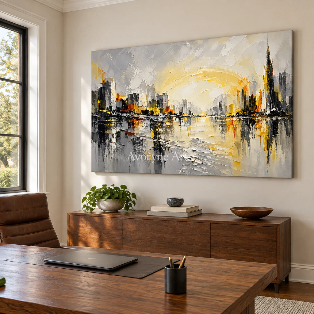 Luminous District: Yellow City Abstract Wall Art — office frameless