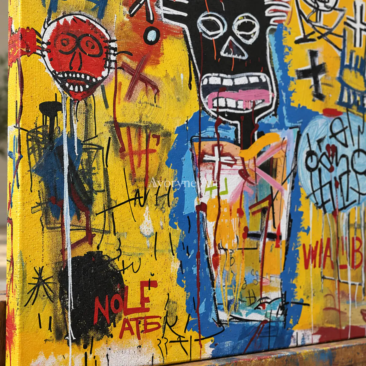 Restless Assembly: Yellow Graffiti Figure Wall Art — detail easel