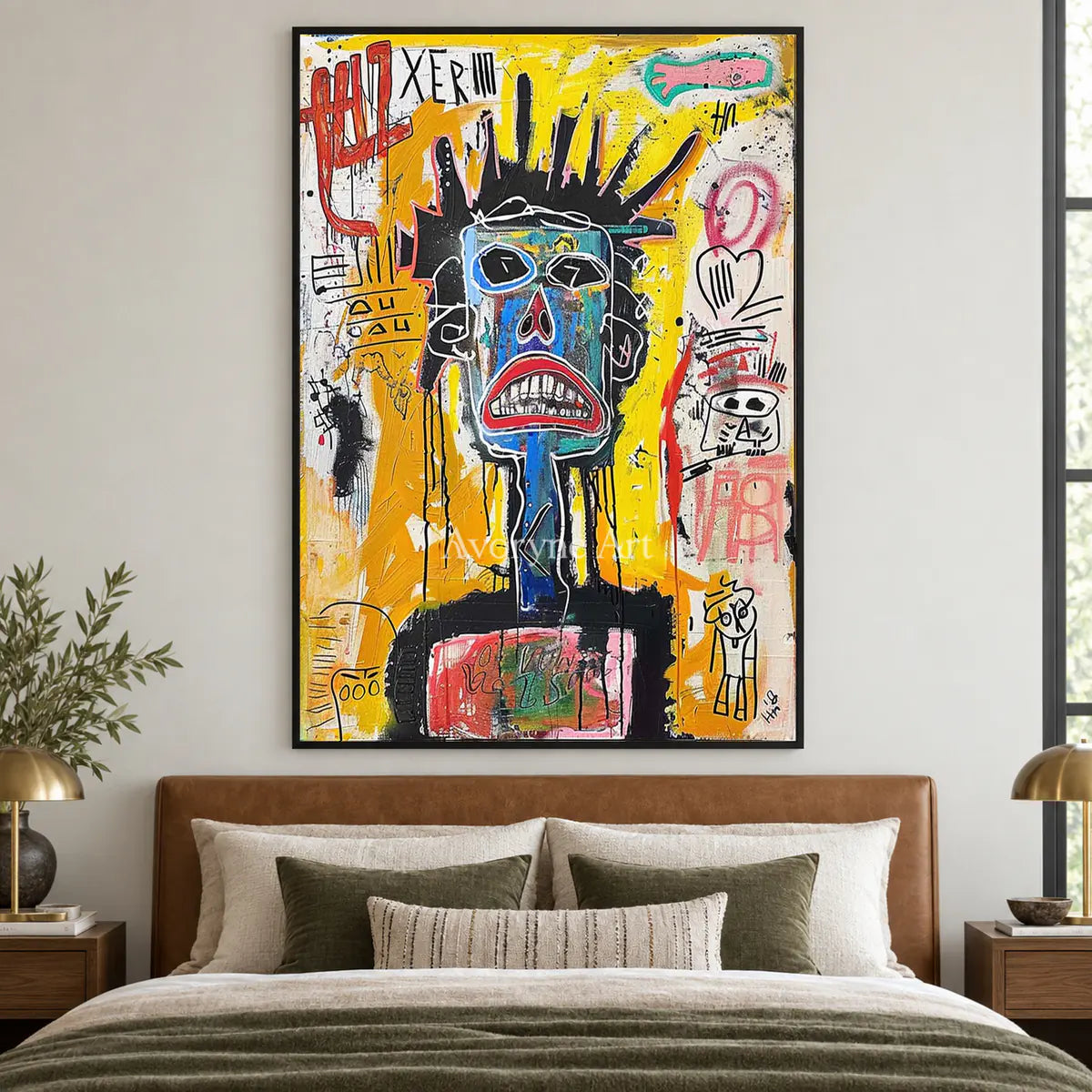 Electric Sentinel: Yellow Graffiti Mask Portrait Wall Art — bedroom black