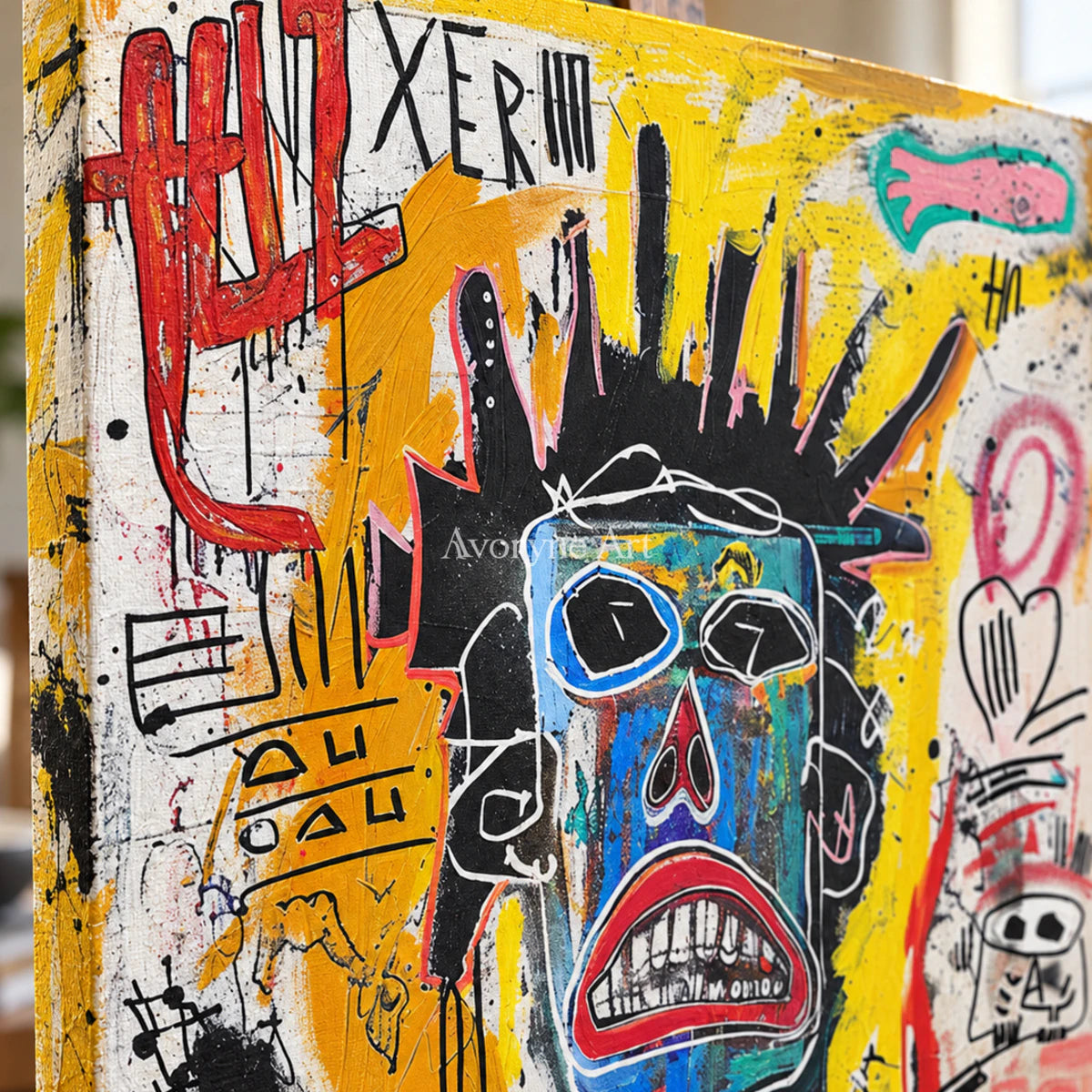 Electric Sentinel: Yellow Graffiti Mask Portrait Wall Art — detail easel