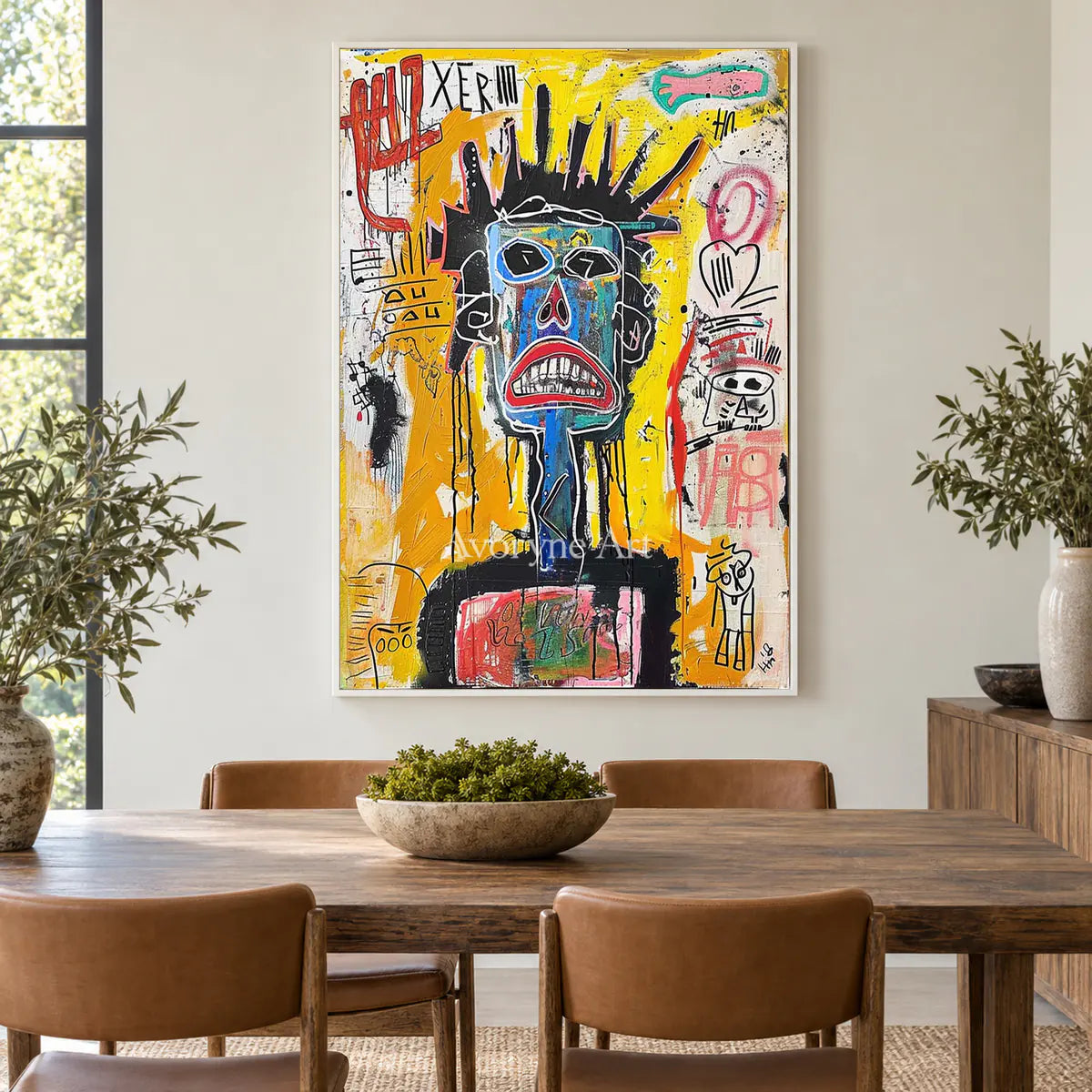 Electric Sentinel: Yellow Graffiti Mask Portrait Wall Art — dining white