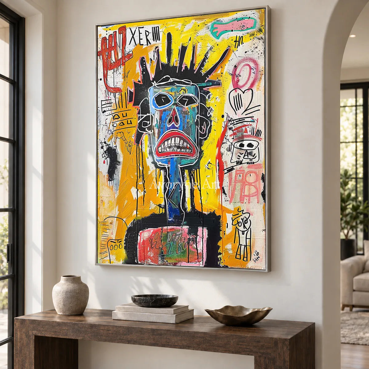 Electric Sentinel: Yellow Graffiti Mask Portrait Wall Art — entry silver