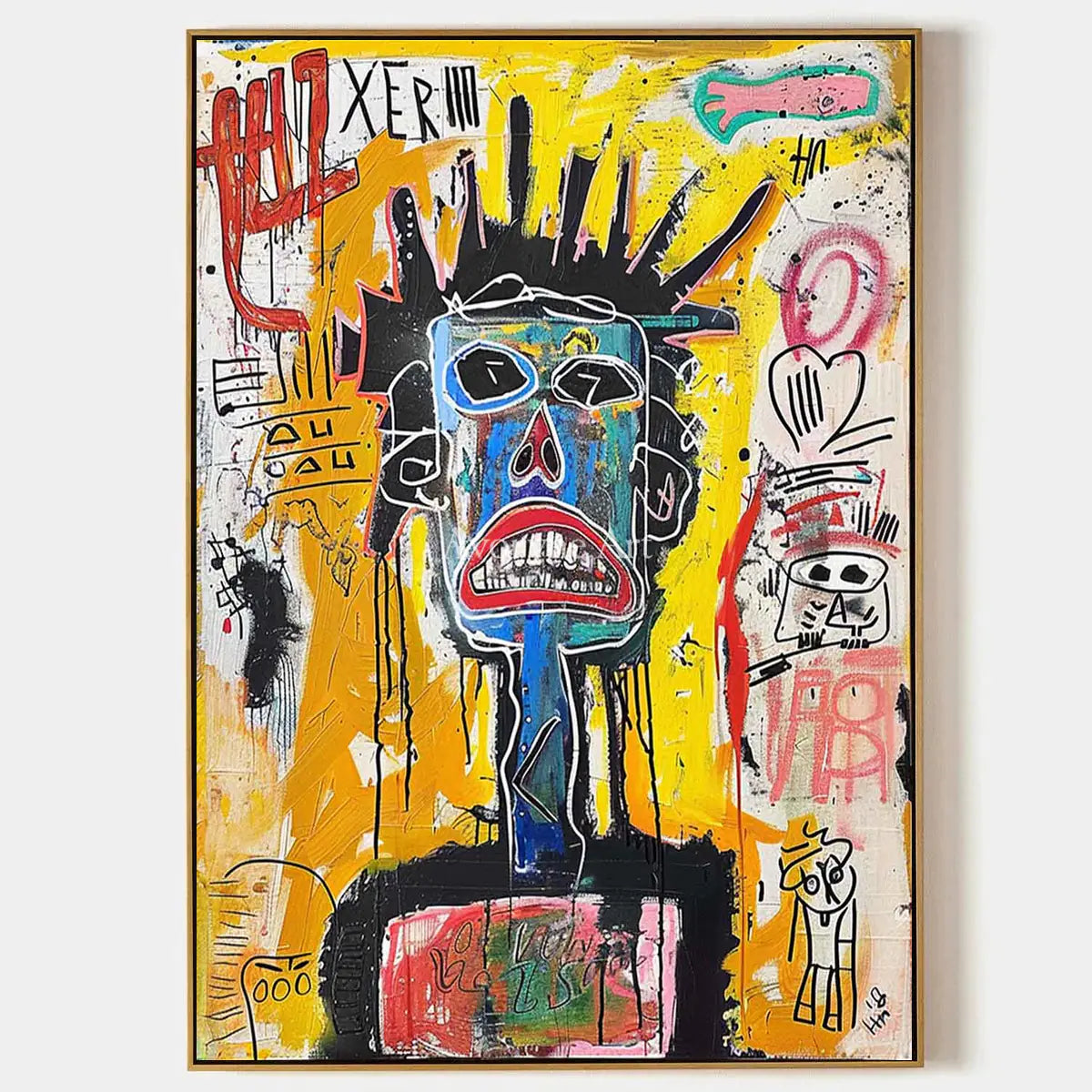 Electric Sentinel: Yellow Graffiti Mask Portrait Wall Art — primary