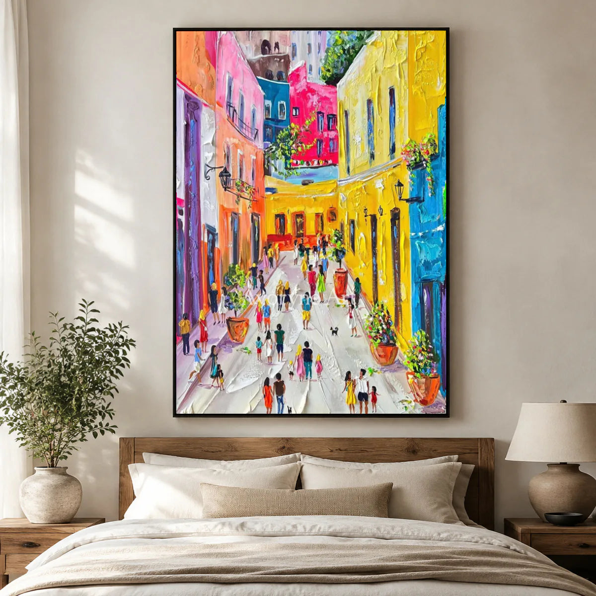 Sunlit Promenade: Yellow Impressionist City Wall Art — bedroom black