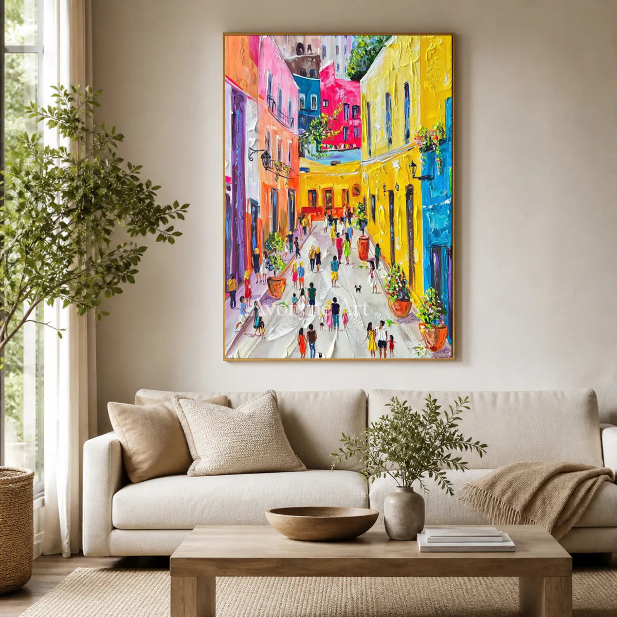 Sunlit Promenade: Yellow Impressionist City Wall Art — living gold