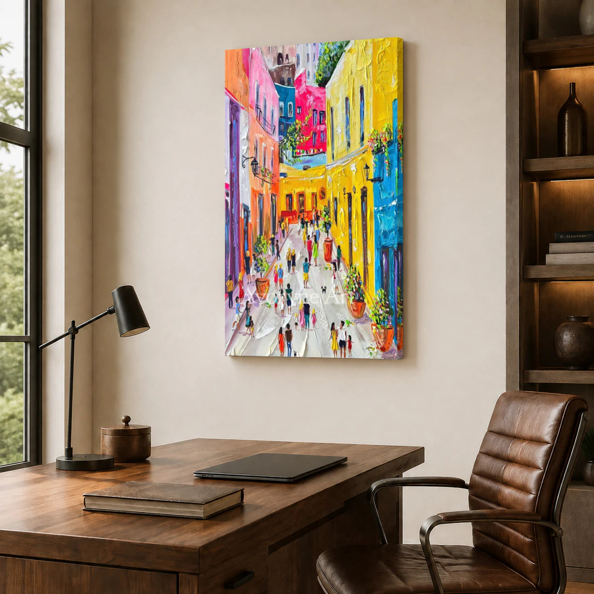 Sunlit Promenade: Yellow Impressionist City Wall Art — office frameless