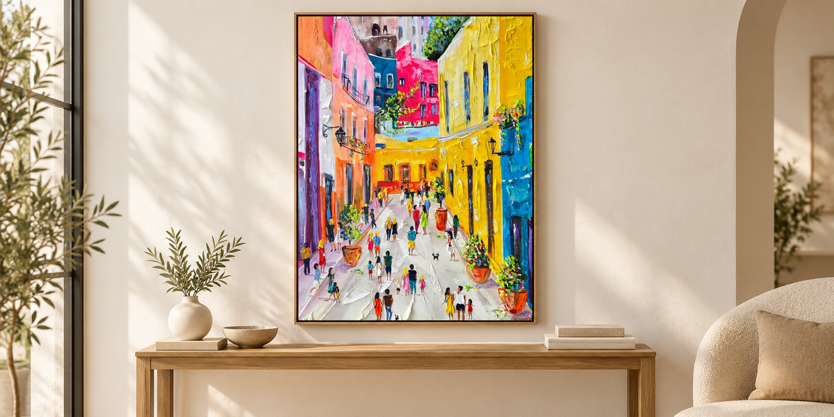 Concept room visualization of a colorful street painting above an oak console