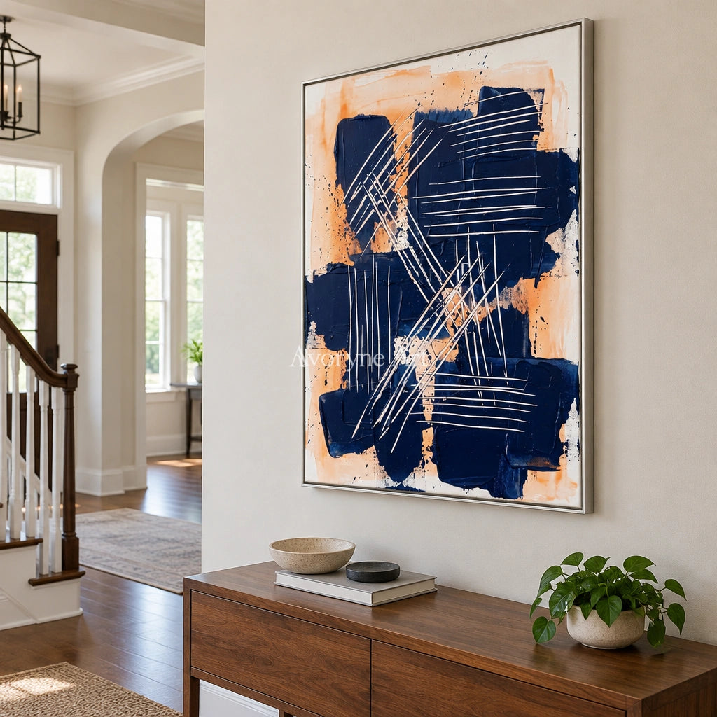 Silver Current abstract brushwork wall art with a silver frame in an entryway