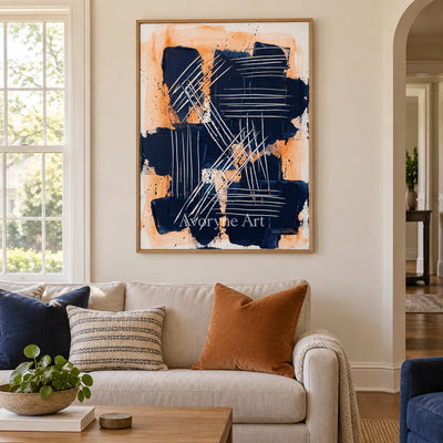 Silver Current abstract brushwork wall art with a wood frame in a villa living space