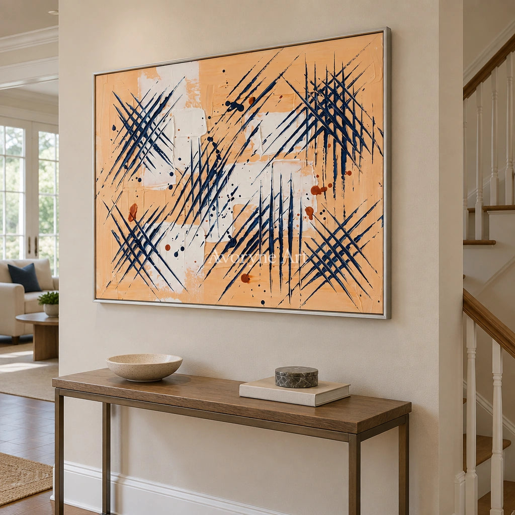 Silver Dialogue abstract brushwork wall art with a silver frame in an entryway