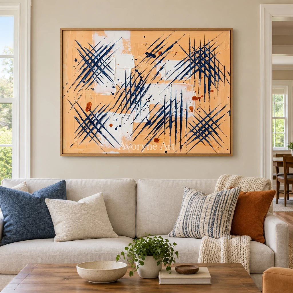 Silver Dialogue abstract brushwork wall art with a wood frame in a villa living space