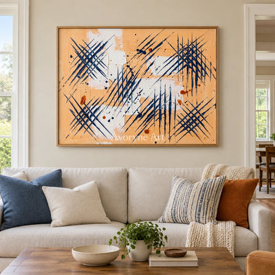 Silver Dialogue abstract brushwork wall art with a wood frame in a villa living space