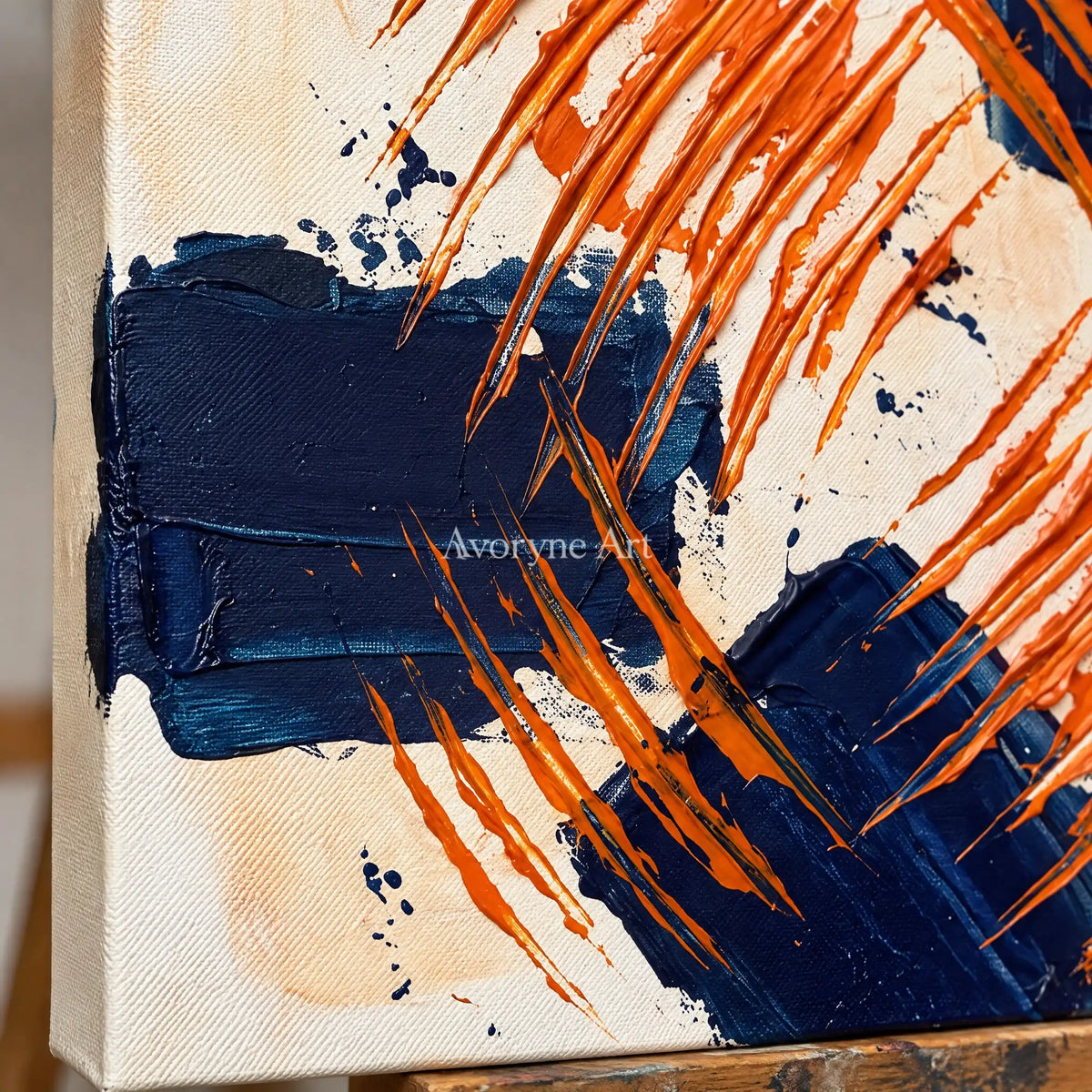 Close-up of the hand-painted texture of Golden Echo abstract brushwork wall art on an easel