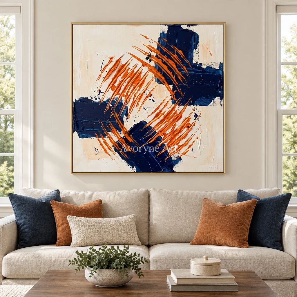 Golden Echo abstract brushwork wall art with a gold frame hanging in a living room
