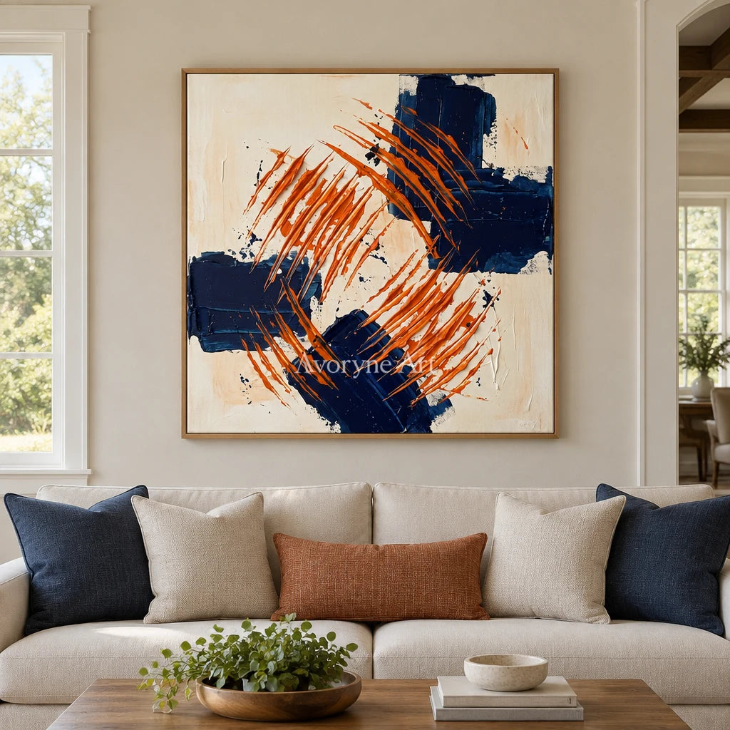 Golden Echo abstract brushwork wall art with a wood frame in a villa living space
