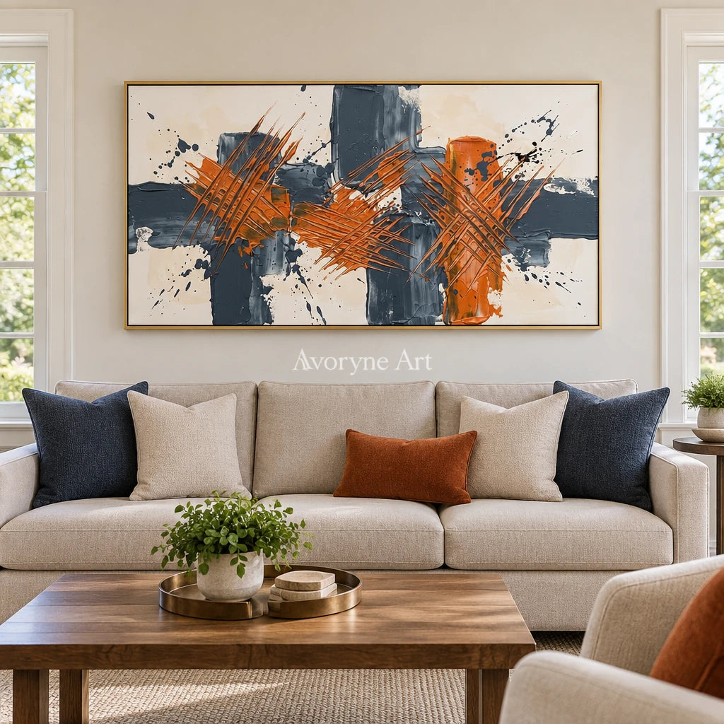 Golden Horizon abstract brushwork wall art with a gold frame hanging in a living room