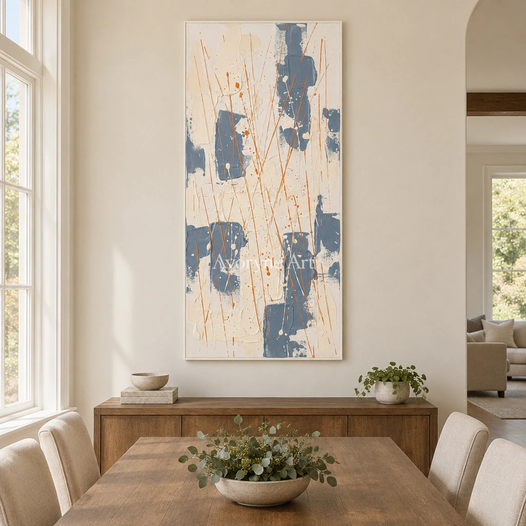 Golden Gesture abstract brushwork wall art with a white frame in a dining room