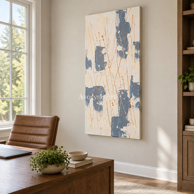 Golden Gesture abstract brushwork wall art as a frameless stretched canvas in a home office