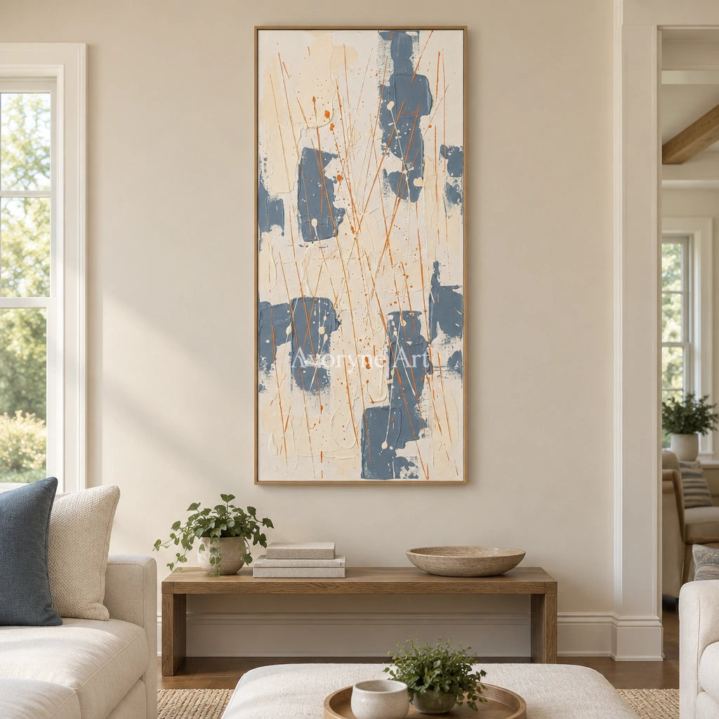 Golden Gesture abstract brushwork wall art with a wood frame in a villa living space
