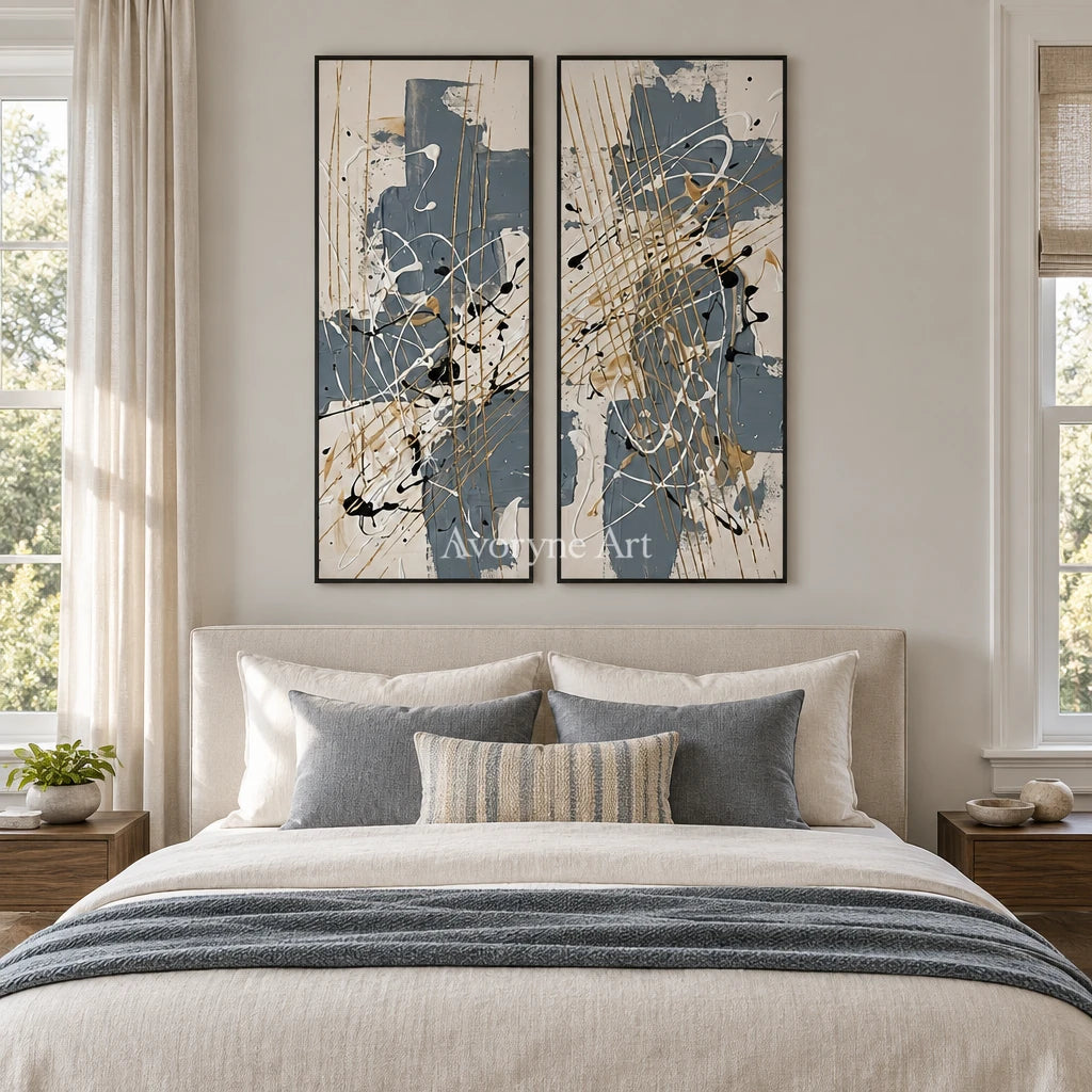 Golden Verse abstract brushwork diptych with a black frame above a bed in a bedroom