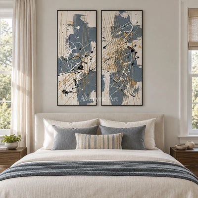Golden Verse abstract brushwork diptych with a black frame above a bed in a bedroom