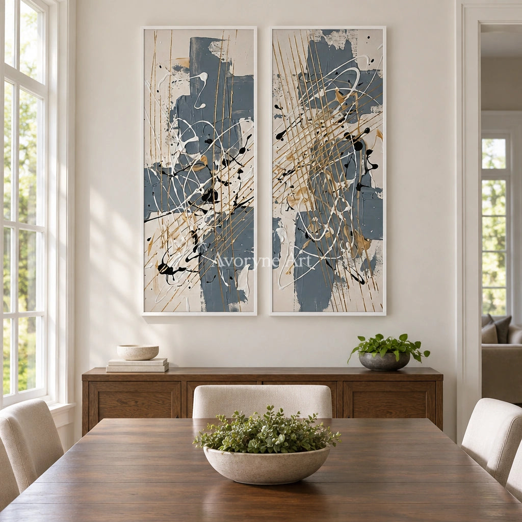 Golden Verse abstract brushwork diptych with a white frame in a dining room