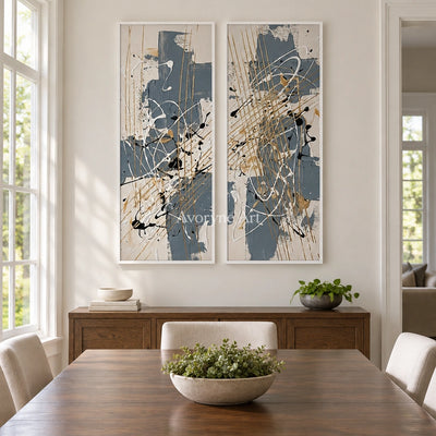 Golden Verse abstract brushwork diptych with a white frame in a dining room