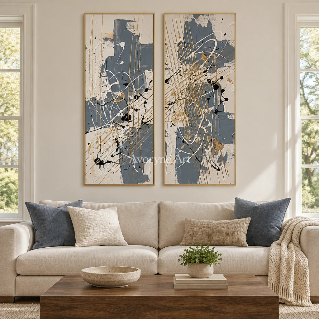 Golden Verse abstract brushwork diptych with a gold frame hanging in a living room