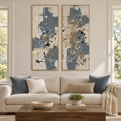 Golden Verse abstract brushwork diptych with a gold frame hanging in a living room