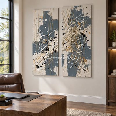 Golden Verse abstract brushwork diptych as a frameless stretched canvas in a home office