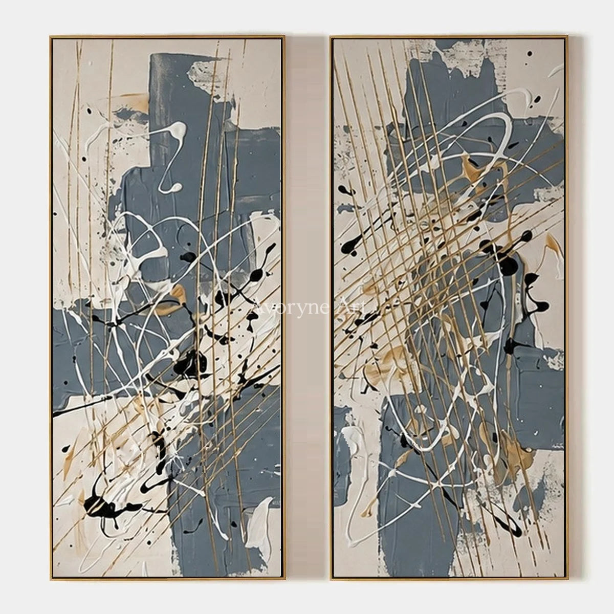 Golden Verse, hand-painted abstract brushwork diptych by Marco Ferrari