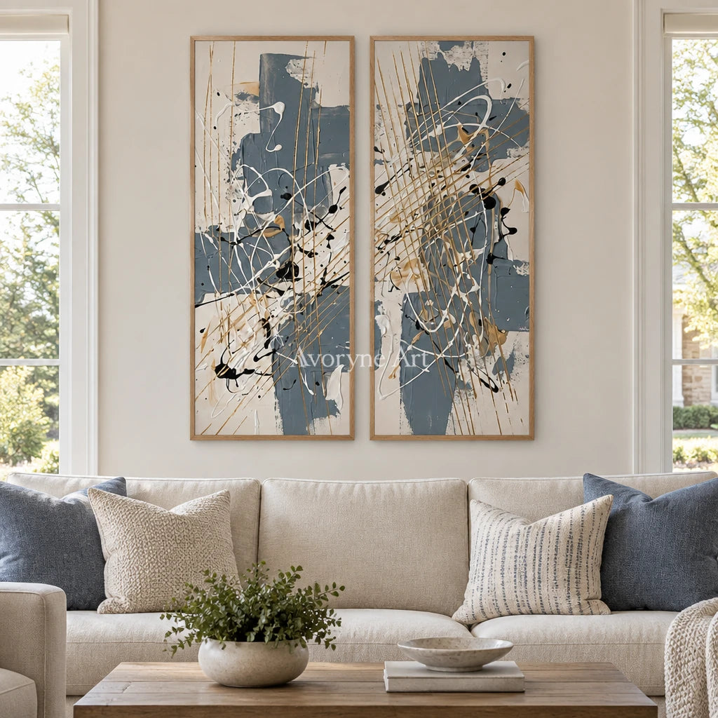 Golden Verse abstract brushwork diptych with a wood frame in a villa living space