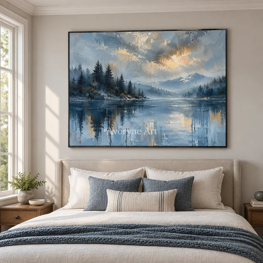 Blue Stillwater: Alpine Lake Landscape Wall Art — bedroom black
