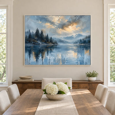 Blue Stillwater: Alpine Lake Landscape Wall Art — dining white