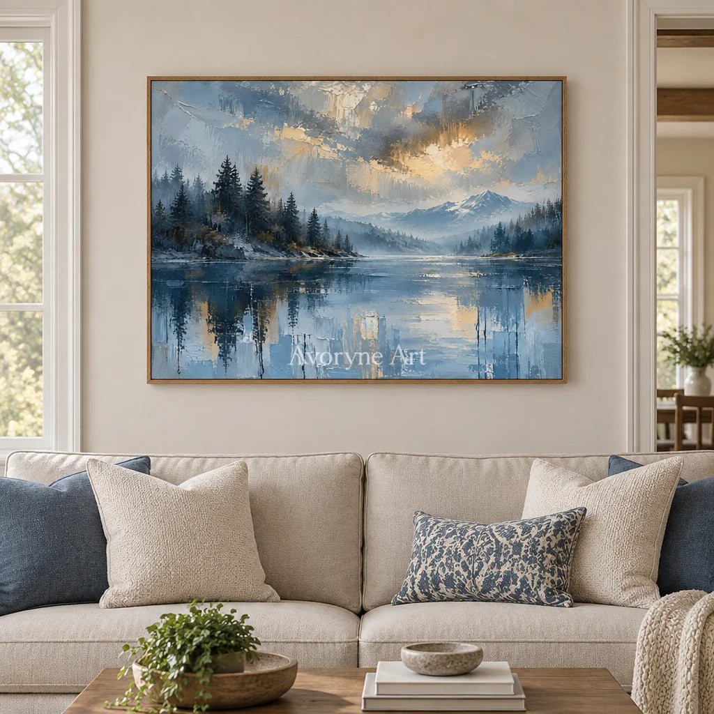 Blue Stillwater: Alpine Lake Landscape Wall Art — villa wood