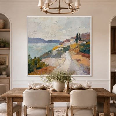Amalfi Light: Coastal Landscape Wall Art - dining room white frame