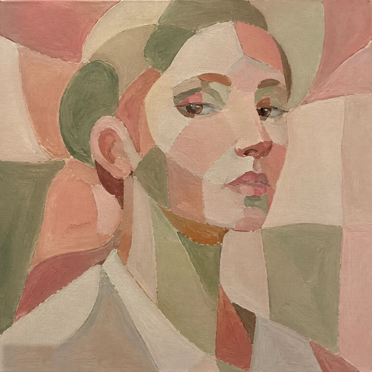 Geometric portrait in blush pink, sage and cream