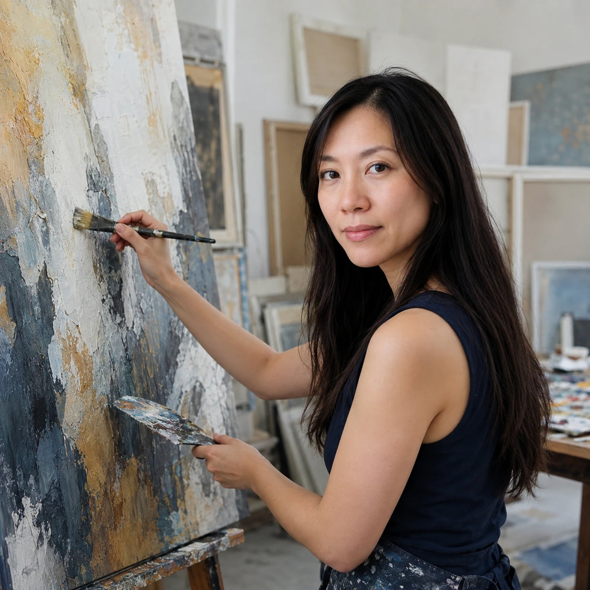 Nadia Tan painting a commissioned artwork in her studio