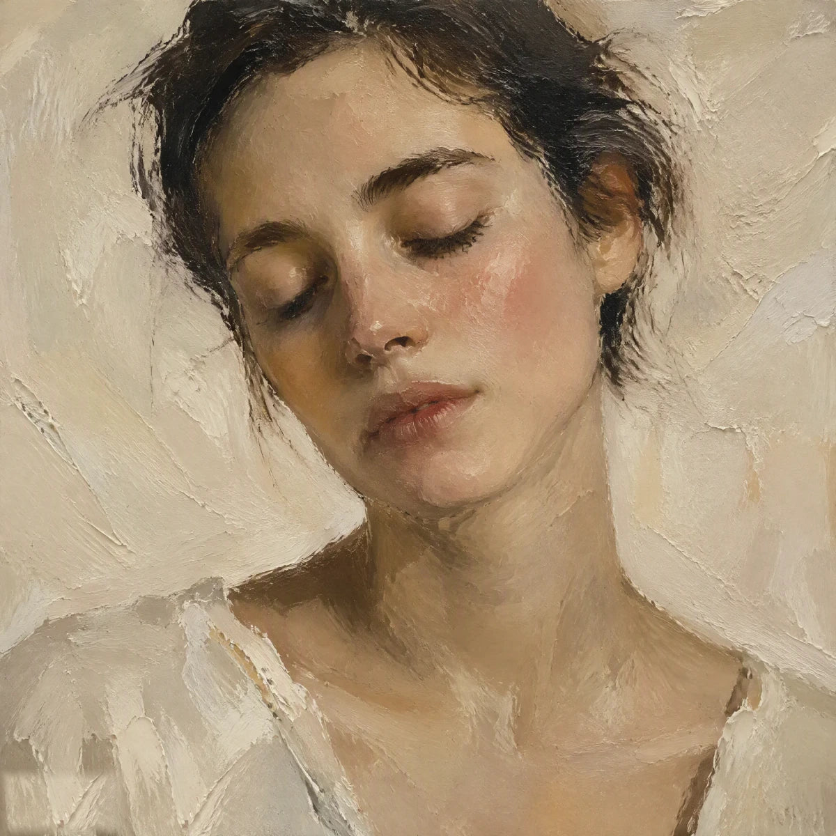 Serene portrait with closed eyes against an ivory background
