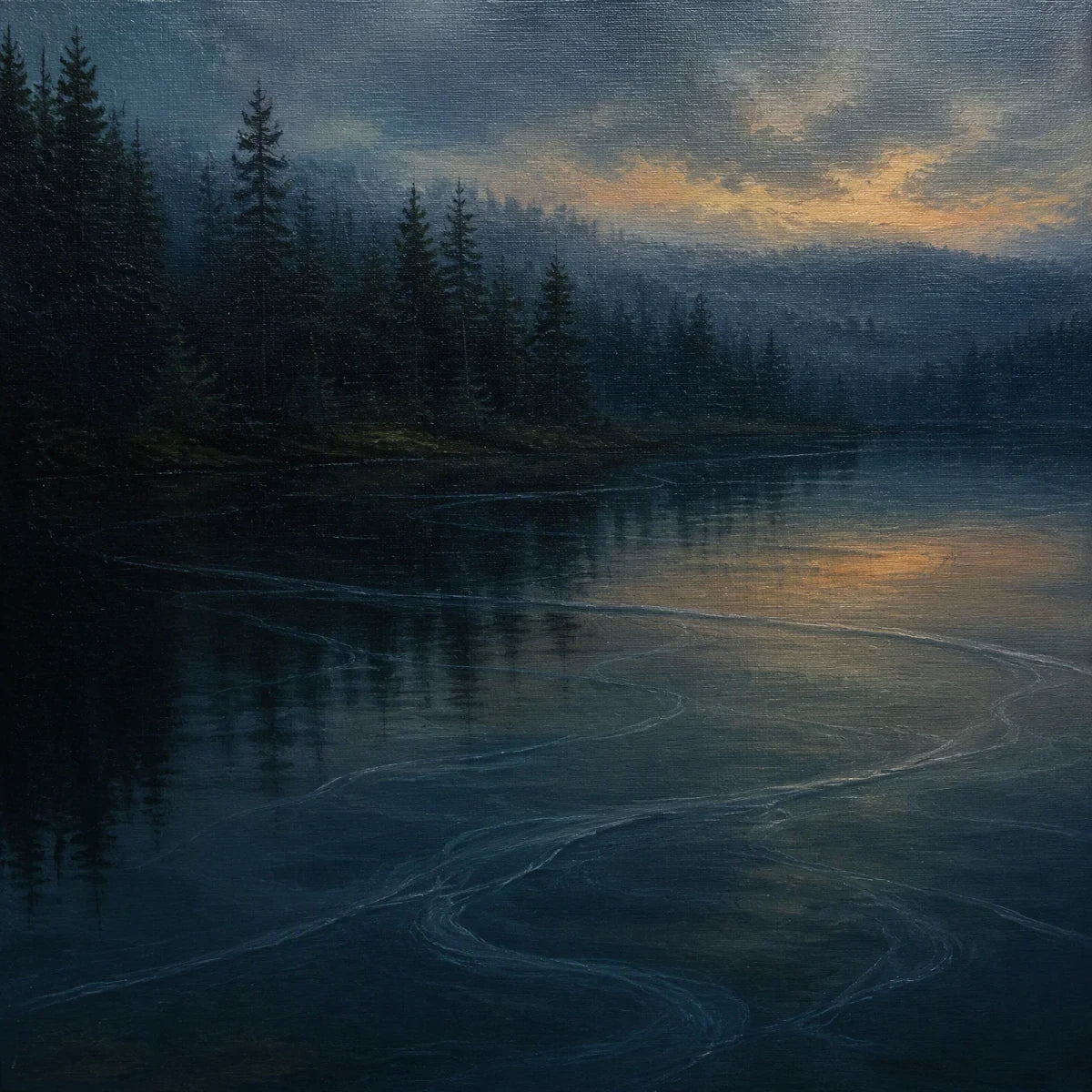 Dark pine forest reflected in a blue lake at dusk