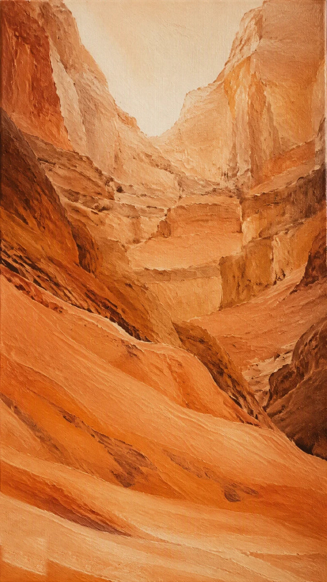 Sunlit terracotta canyon with textured orange rock walls