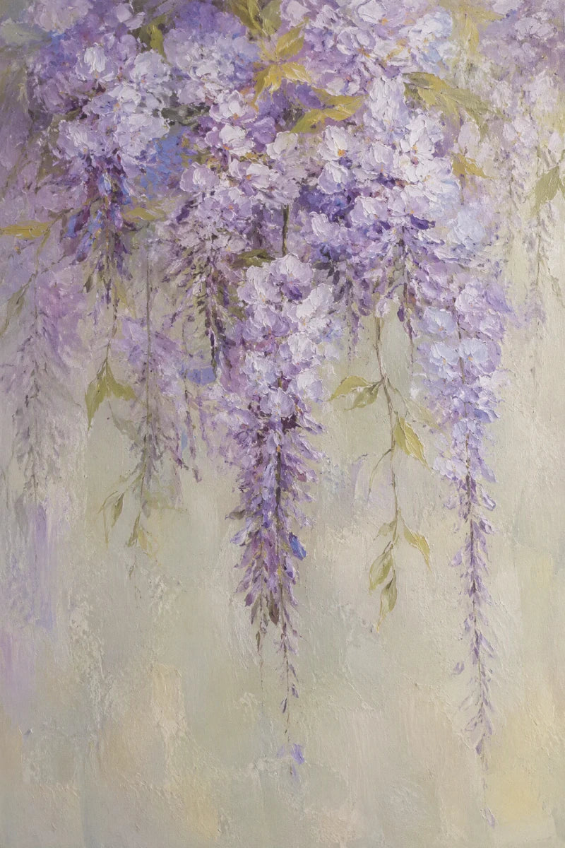 Lavender wisteria cascading across a pale textured background