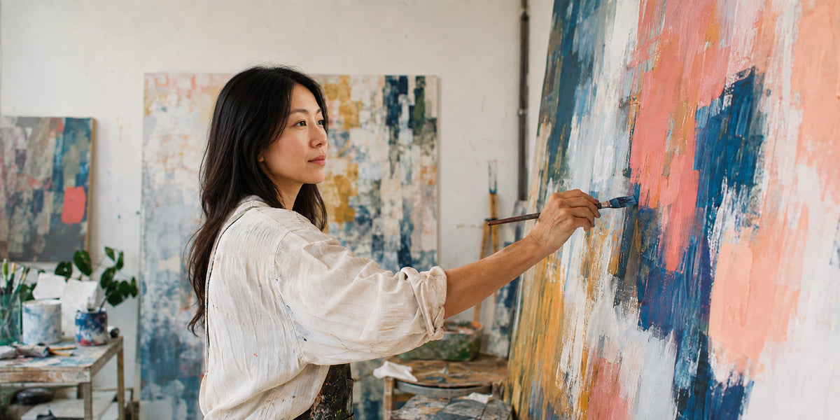 Artist Nadia Tan working in a light-filled studio