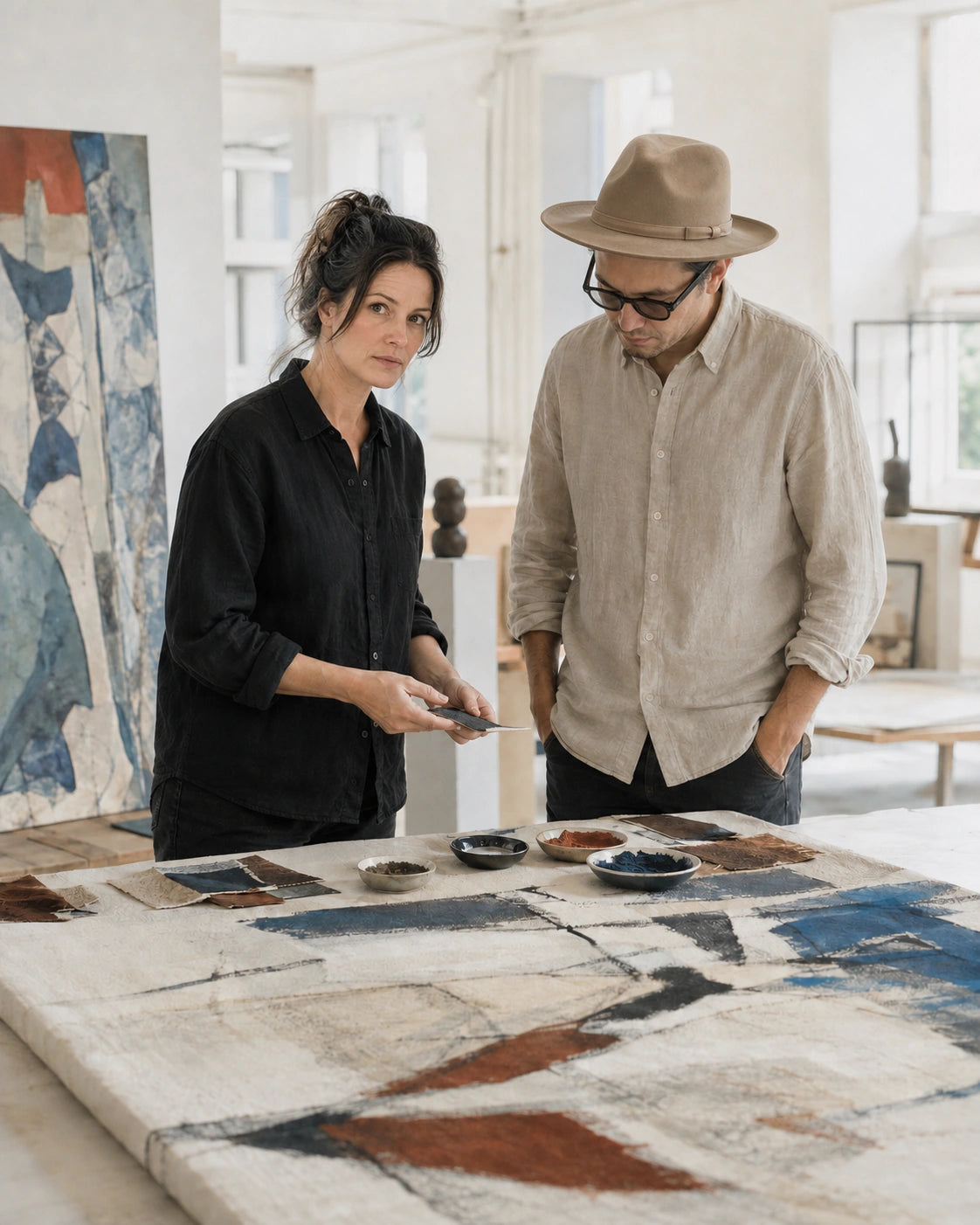 Artists Maeve Callahan and Caleb Monroe sharing a studio moment