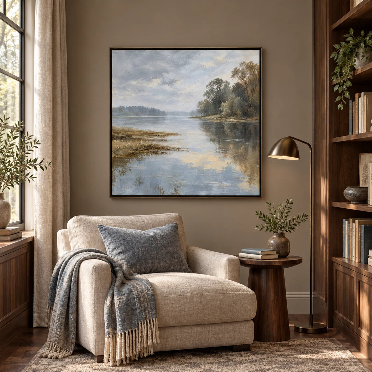 Reading nook styling visualization with Quiet Shoreline artwork AV0275
