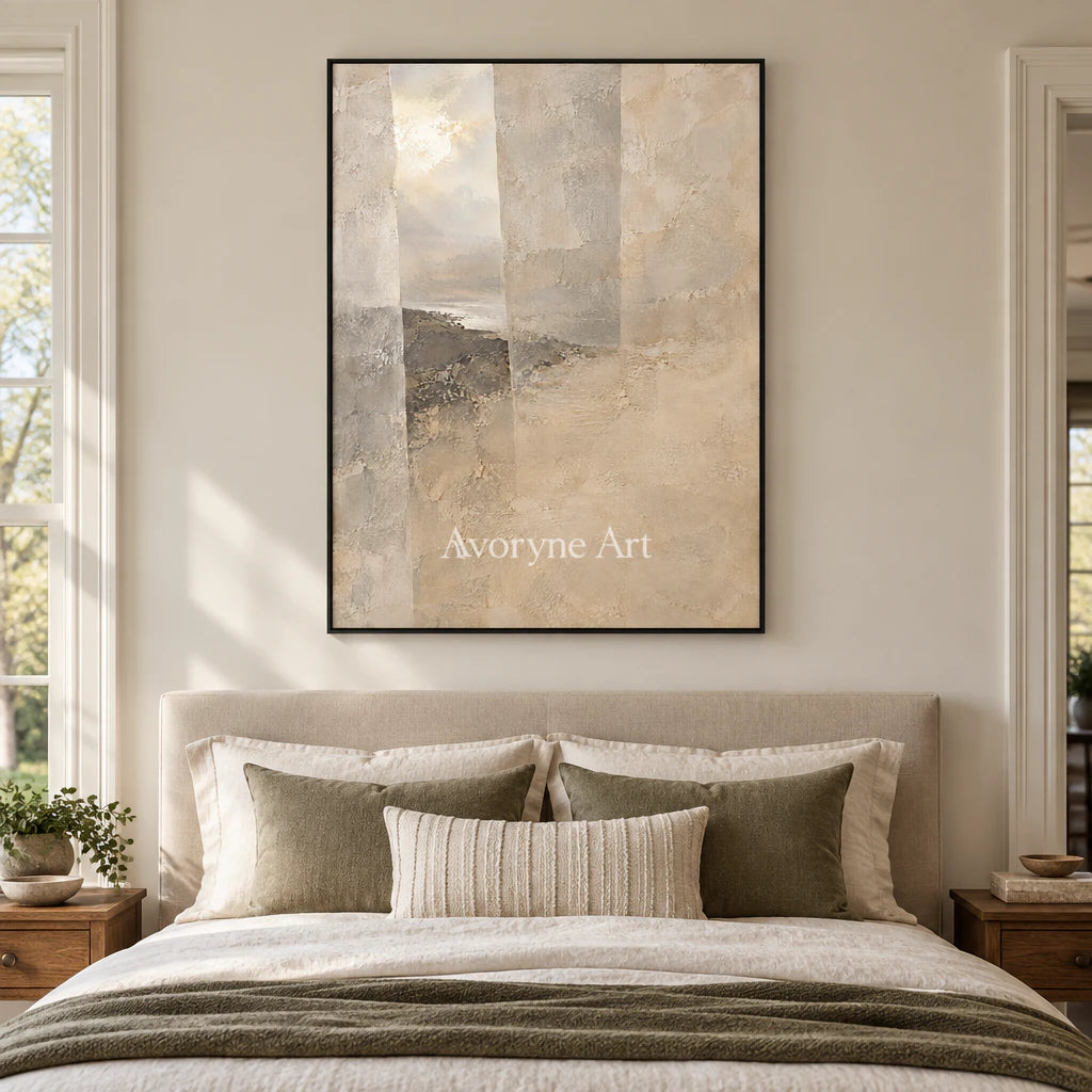 Veiled Distance: Beige Abstract Landscape Wall Art — bedroom black
