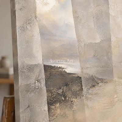 Veiled Distance: Beige Abstract Landscape Wall Art — detail easel
