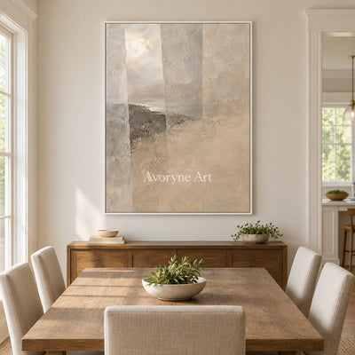 Veiled Distance: Beige Abstract Landscape Wall Art — dining white